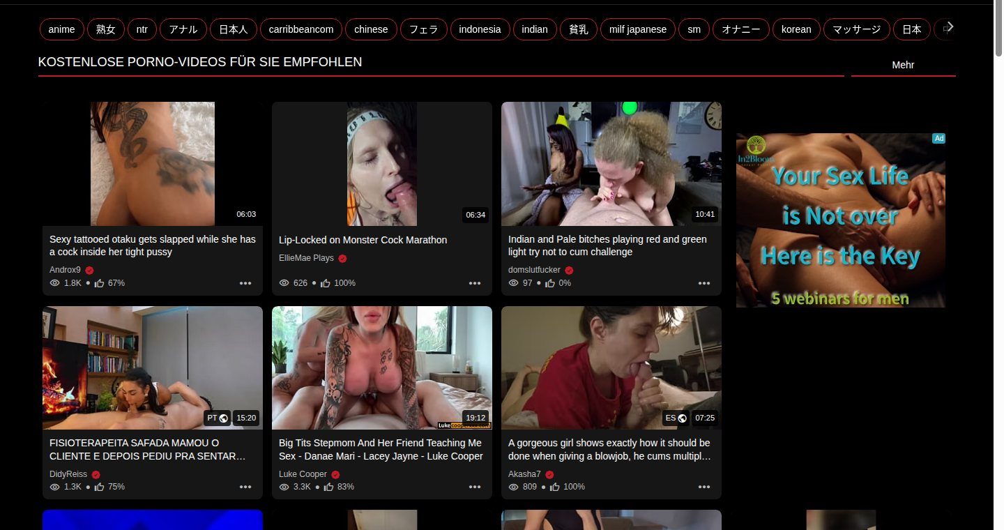 Videoleiste von Tube8 mit Zeitstempel, Aufrufen, Bewertung und Uploader pro Karte
